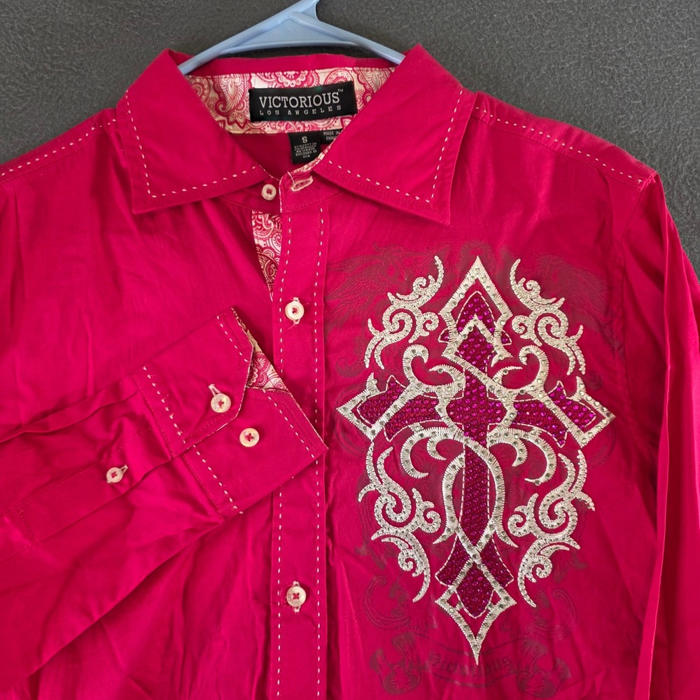 Victorious Los Angeles Mens Pink Rhinestone Cross Button Down Shirt S